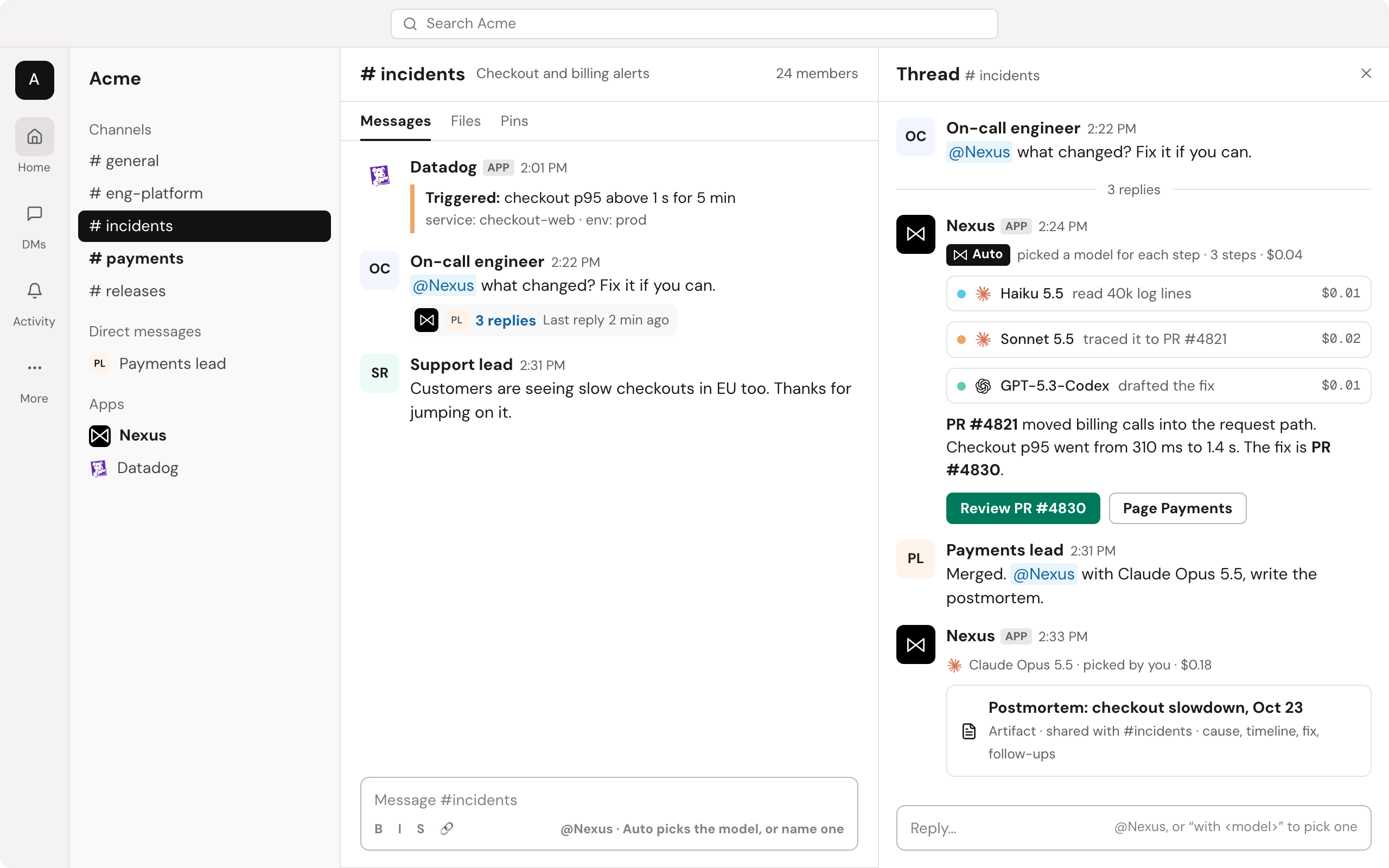 Die Nexus-App antwortet in einem Slack-Thread